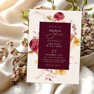 Convites Chuva de Noiva Romântica Floral Burgundy Profundo