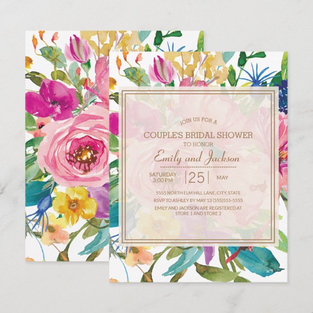 Convites Chuva de Noiva Rosa Amarelo Floral Script Casal (Frente/Verso)