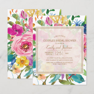 Convites Chuva de Noiva Rosa Amarelo Floral Script Casal