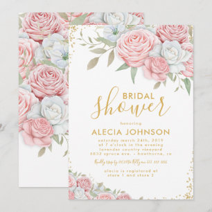 Convites Chuva de Noiva Rosa Bege Dourado Floral Brilho