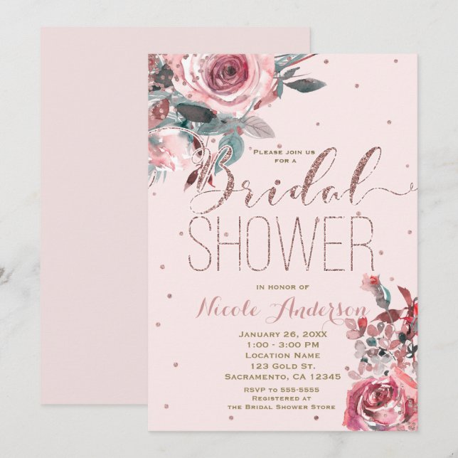 Convites Chuva de Noiva Rosa Bege Dourado Floral Moderno (Frente/Verso)