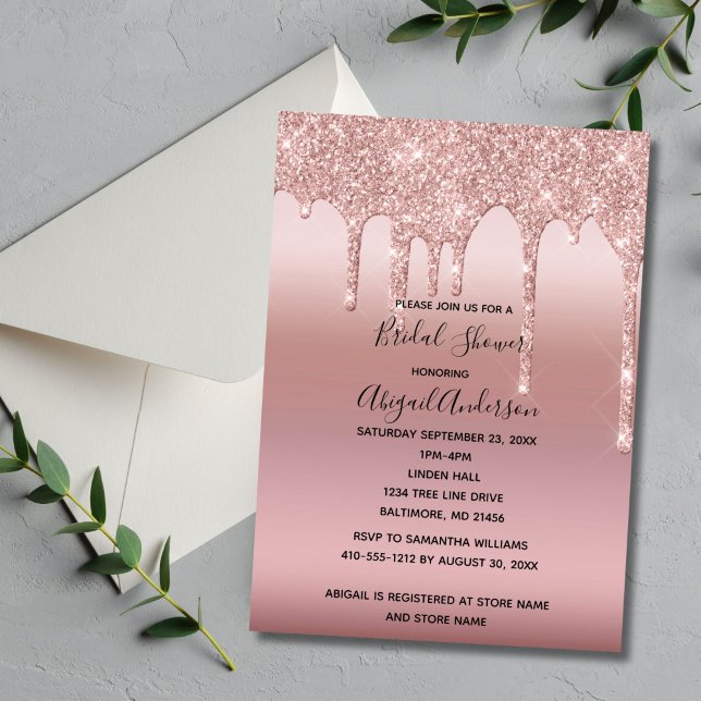 Convites Chuva de Noiva Rosa Dourado Rose (Blush Pink Rose Gold Dripping Glitter Bridal Shower invitation. )