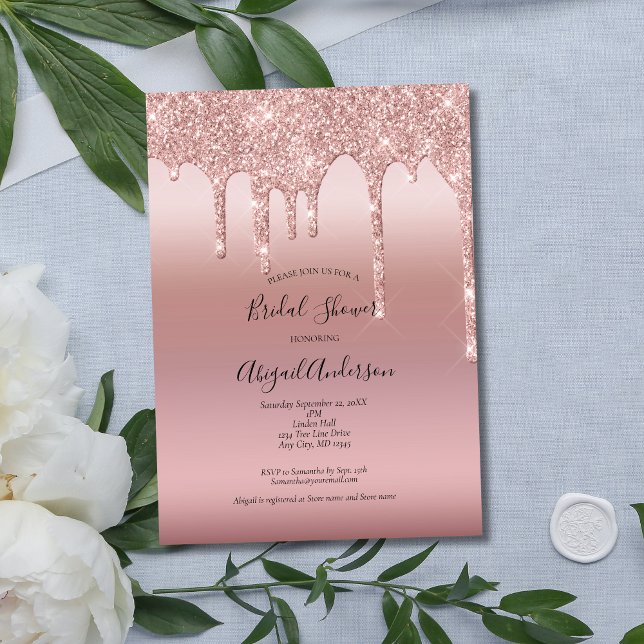 Convites Chuva de Noiva Rosa Dourado Rose (Blush Pink Rose Gold Dripping Glitter Bridal Shower invitation. Elegant Modern Trendy)