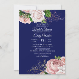 Convites Chuva de Noiva Rosa Flores Rosas Azul Marinho
