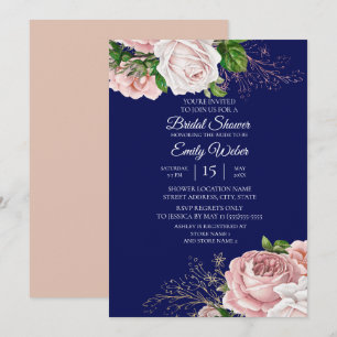 Convites Chuva de Noiva Rosa Flores Rosas Azul Marinho