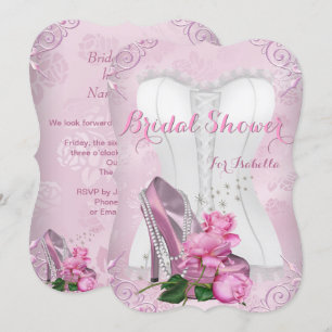 Convites Chuva de Noiva Rosa Pink Salto Alto Floral Damasco