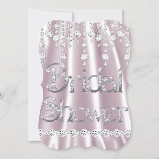 Convites Chuva de Noiva Rosa Seda Diamante Cristal Prata (Frente)