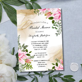 Convites Chuva de Noiva Rosa Verde Dourado Floral Elegante