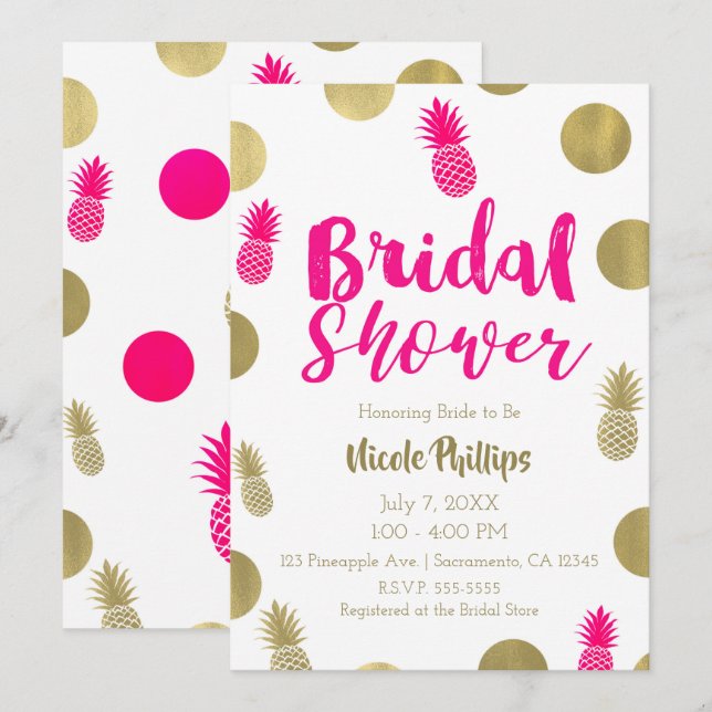 Convites Chuva de Noiva Rosa Vibrante e Dourado com Pontos  (Frente/Verso)