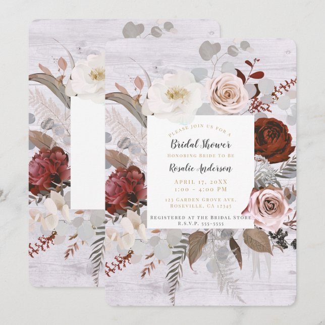 Convites Chuva de Noiva Rustica Madeira Flores Rosa Cinza (Frente/Verso)