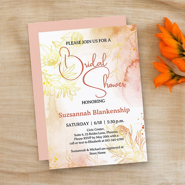 Convites Chuva de Noiva Sutil com Fundo Floral Pastel (Front template bridal shower design with solid orange pastel back. )