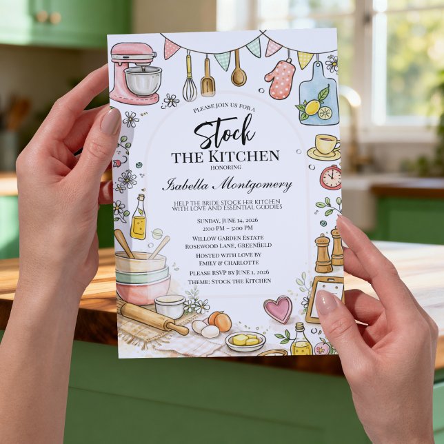Convites Chuva de Noiva Temática de Cozinha Abasteça a Cozi (Illustrative Kitchen Themed Stock The Kitchen Bridal Shower Invitation)