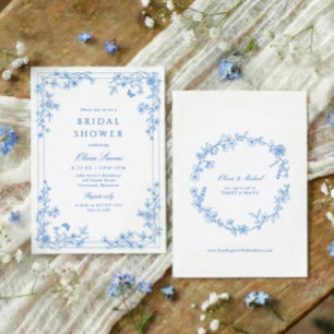 Convites Chuva de Noiva Toile Francês Chinoiserie Azul e Br