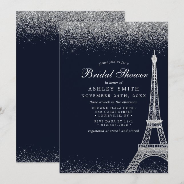 Convites Chuva de Noiva Torre Eiffel Paris Brilho Prata (Frente/Verso)