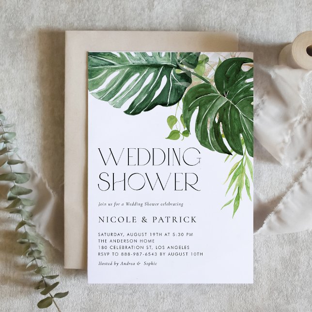 Convites Chuva de Noiva Tropical Folhas de Monstera em Aqua (A tropical-theme wedding shower invitation featuring watercolor monstera leaves and greenery. )