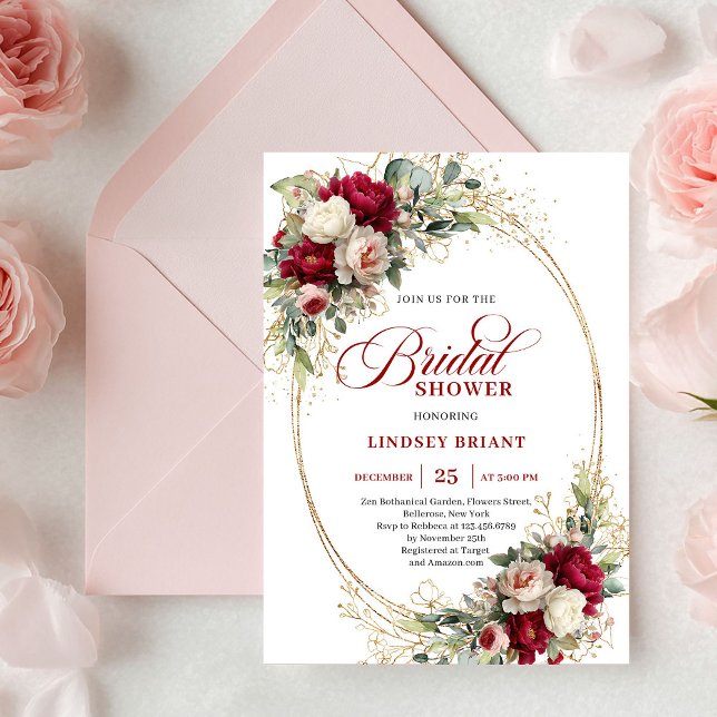 Convites Chuva de Noiva Vermelha Branca Flores Ouro Atempor (Timeless Red White Flowers Gold Bridal Shower)