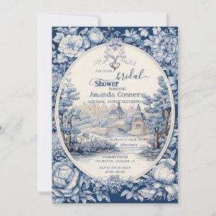 Convites Chuva de Noiva Vintage Floral Toile Azul Francês