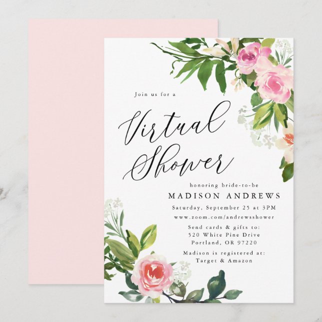 Convites Chuva de Noiva Virtual de Floral Rosa Suave (Frente/Verso)