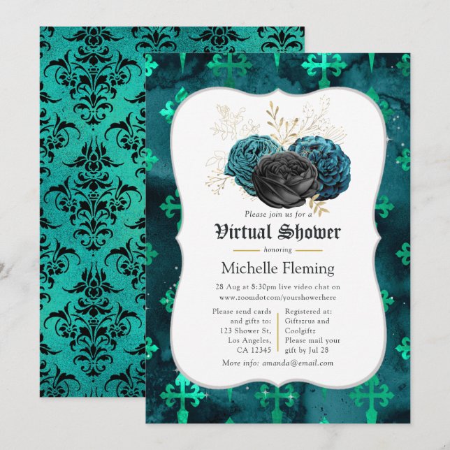 Convites Chuva de Noiva Virtual Floral em Verde Azul, Preto (Frente/Verso)