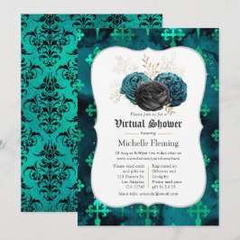 Convites Chuva de Noiva Virtual Floral em Verde Azul, Preto