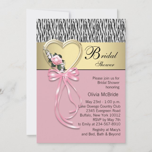Convites Chuva de Noiva Zebra Rosa e Dourado Preto (Frente)