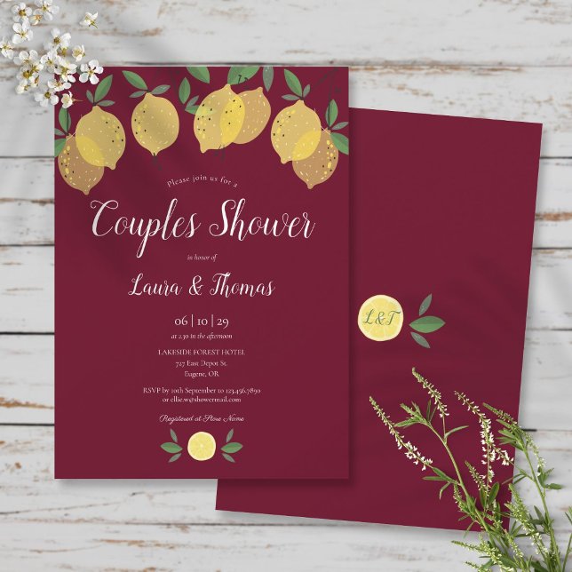Convites Chuva de Noivas Casais Limões Borgonha (Couples Bridal Shower Lemons Burgundy Invitation)