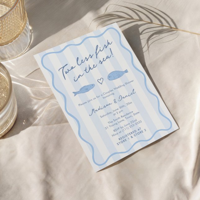 Convites Chuva de Noivas Casal Menos Dois Peixes No Mar (Modern hand-drawn Two Less Fish In The Sea co-ed bridal shower invitation with handwritten font)