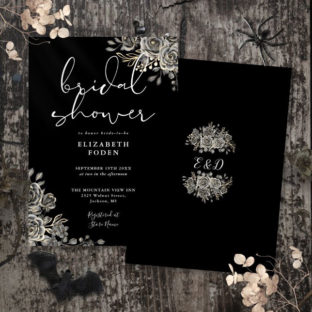 Convites Chuva de Noivas Flores Rosas Góticas Preto e Branc (Gothic Roses Floral Black And White Bridal Shower Invitation)