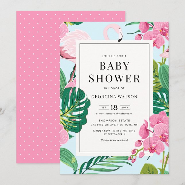 Convites Chuva de Orquídeas e Flamingo Rosa Chás de Bebê Tr (Frente/Verso)