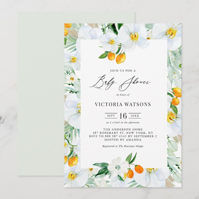 Convites Chuva de Orquídeas e Kumquats em Aquarela Chá de B (Frente/Verso)