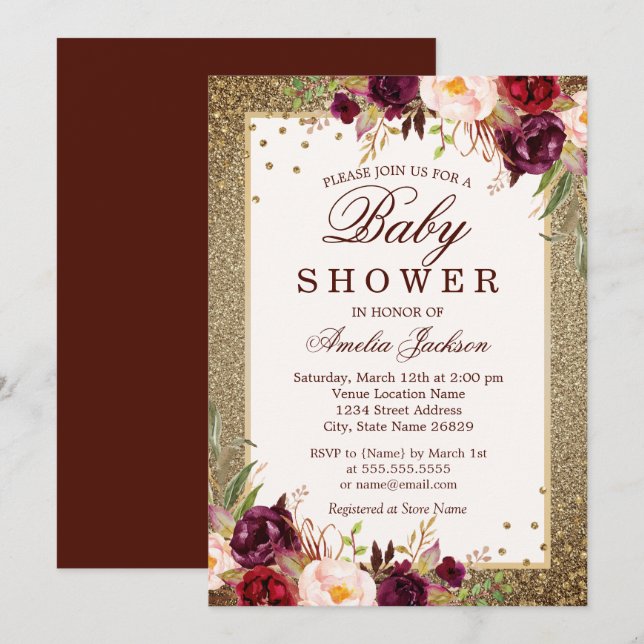 Convites Chuva de ouro de Borgonha Baby Shower (Frente/Verso)
