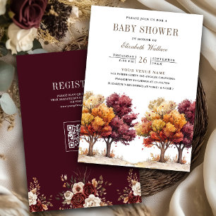 Convites Chuva de Outono Burgundy Árvores QR Code Baby Show