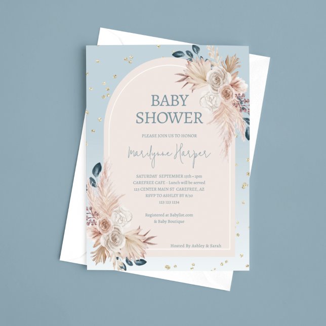 Convites Chuva de Pampas Boho Azul Baby Shower (Criador carregado)
