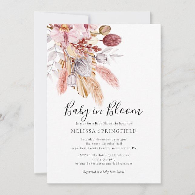 Convites Chuva de Pampas Boho Chic Baby Shower (Frente)