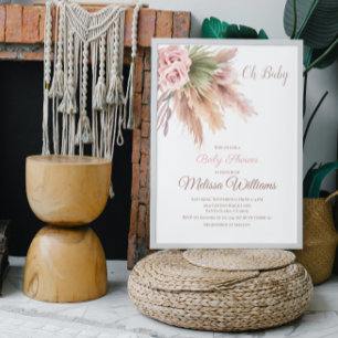 Convites Chuva de Pampas Boho Elegante Rosa Baby Shower