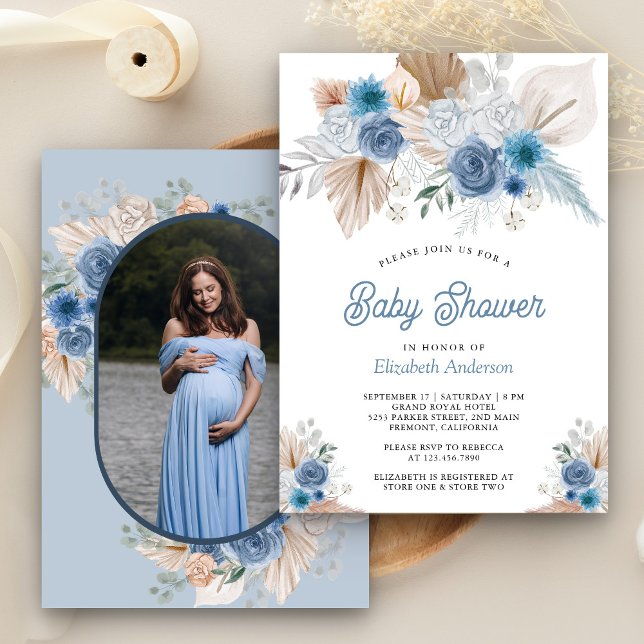 Convites Chuva de Pampas Boho Floral Azul Empoeirado Foto C (Criador carregado)