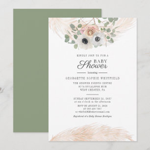 Convites Chuva de Pampas Eucalipto Floral Script Chã de Beb