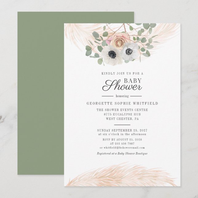 Convites Chuva de Pampas Eucalipto Floral Script Chã de Beb (Frente/Verso)