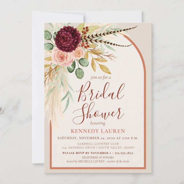 Convites Chuva de Pampas Terra Cota Floral Boho Chá de Noiv (Frente)