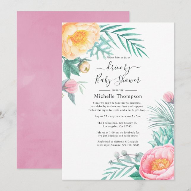 Convites Chuva de Passage Tropical com Flores em Pastel (Frente/Verso)