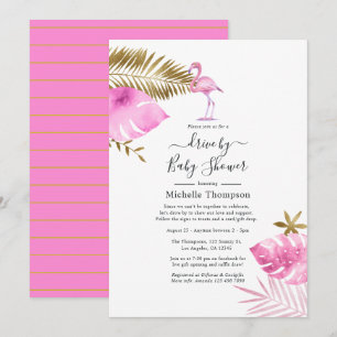 Convites Chuva de Passageiro de Flamingo Rosa e Dourado