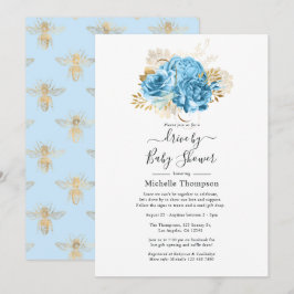 Convites Chuva de Pastel Azul e Floral Dourado