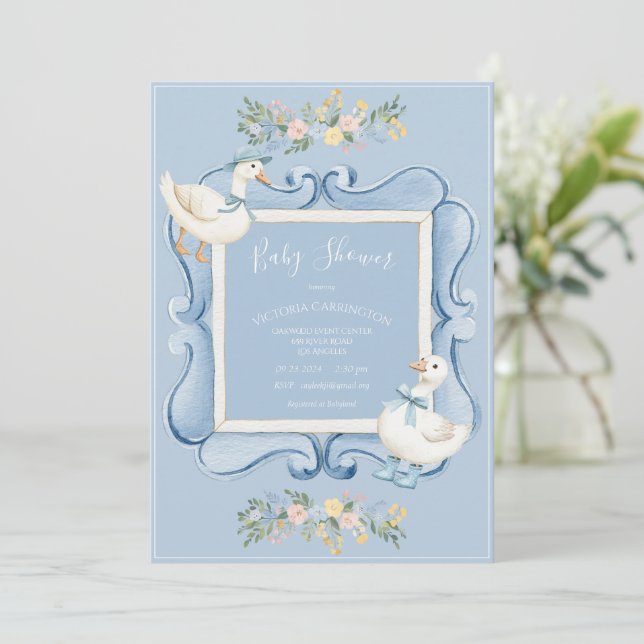 Convites Chuva de Patinhos Azul Floral Vintage Baby Shower (Em pé/Frente)