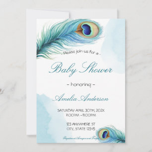 Convites Chuva de Penas de Pavão Aquarela Elegante Baby Sho