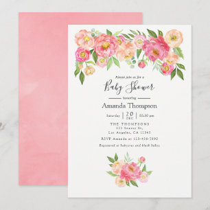 Convites Chuva de Peonias Rosa Pastel em Aquarela para Baby