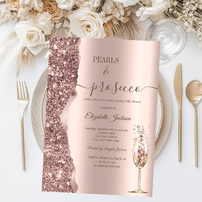 Convites Chuva de Pérolas e Prosecco Dourado Rosa para Chá  (Criador carregado)