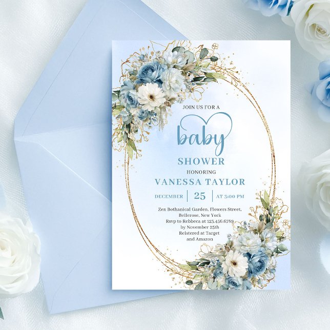Convites Chuva de Pétalas Azul Poeira Flores Dourado Chá de (Watercolor Dusty Blue Flowers Gold Baby Shower Invite

)