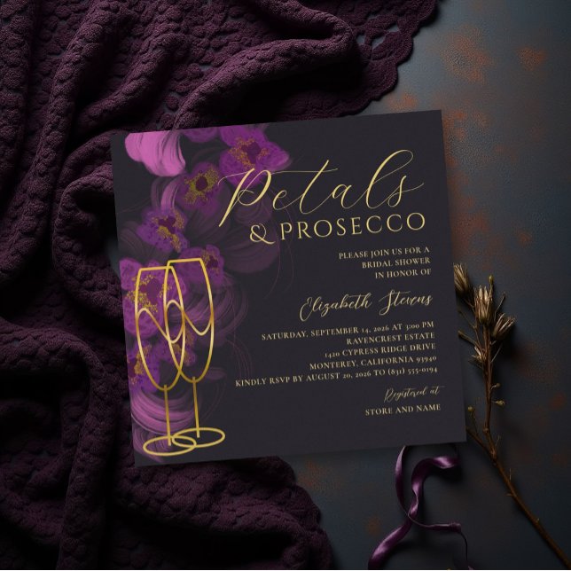 Convites Chuva de Pétalas de Orquídea Roxa Prosecco para Ch (petals and prosecco bridal shower invitation dark moody purple orchids gold elegant modern classic)
