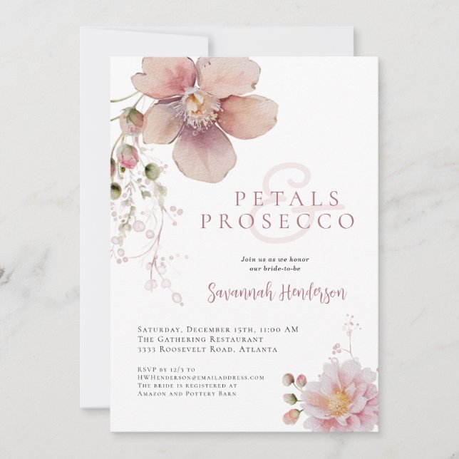 Convites Chuva de Pétalas Florais Rosa e Prosecco para Chá  (Frente)