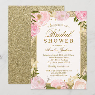 Convites Chuva de Pétalas Rosa Dourado Floral Chá de Noiva